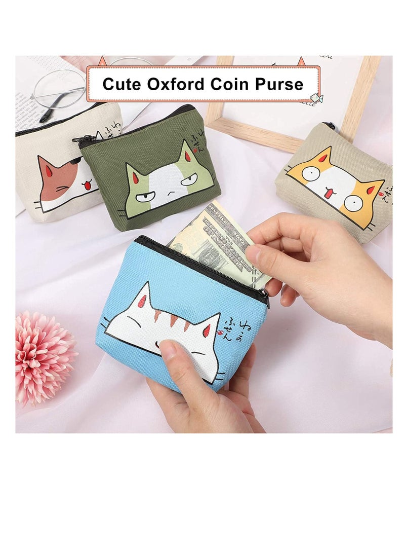 Women Wallet, Cute Coin Purse 4 Pieces, with Zipper Portable Coin Pouch Purse for Women Girl Credit Card ID Card Keys Headset Lipstick, Waterproof Oxford Cloth, Creative Clutch Key Case (Cat Style)