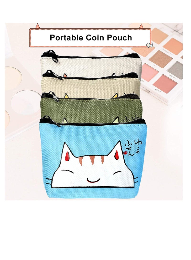 Women Wallet, Cute Coin Purse 4 Pieces, with Zipper Portable Coin Pouch Purse for Women Girl Credit Card ID Card Keys Headset Lipstick, Waterproof Oxford Cloth, Creative Clutch Key Case (Cat Style)