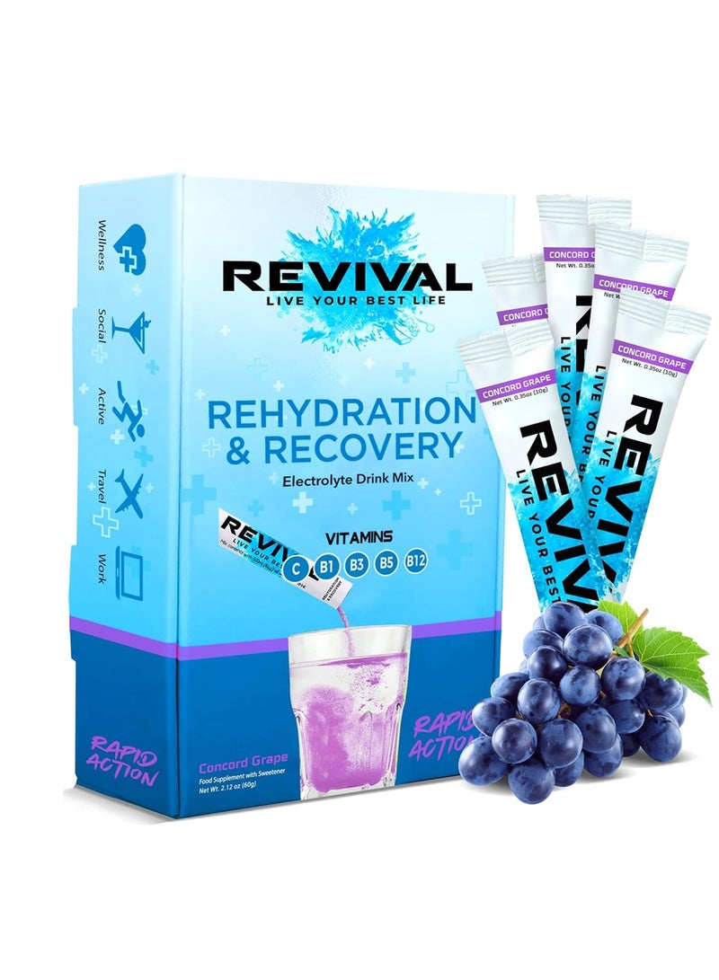 Revival Rapid Rehydration, Electrolytes Powder - High Strength Vitamin C, B1, B3, B5, B12 Supplement Sachet Drink concord grape 120 gm