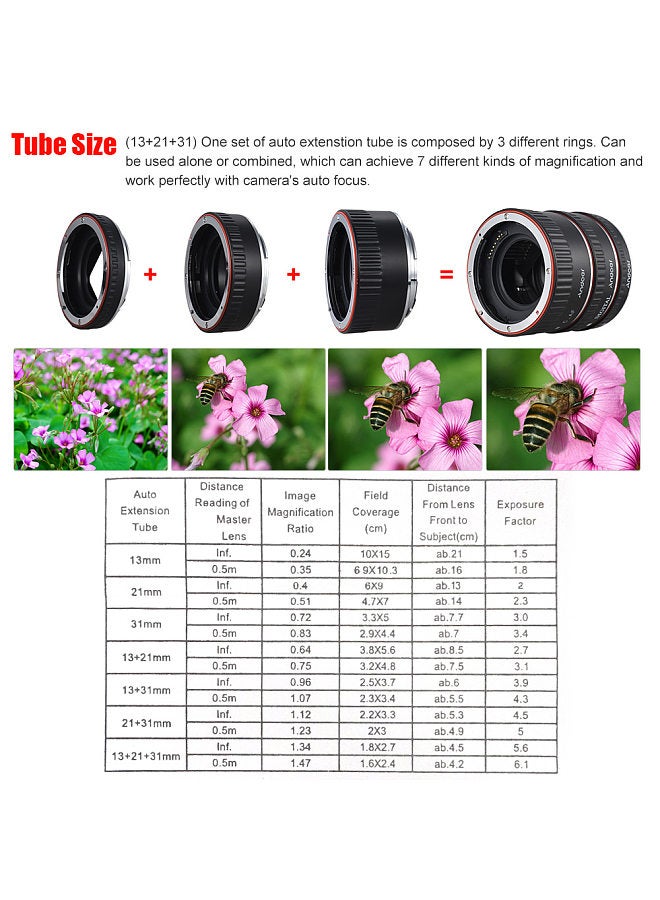 Brand New Upgraded Macro Extension Tube Set 3-Piece 13mm+21mm+31mm Auto Focus Extension Tube Rings for Canon EOS Camera Body and Lens of The 35mm SLR