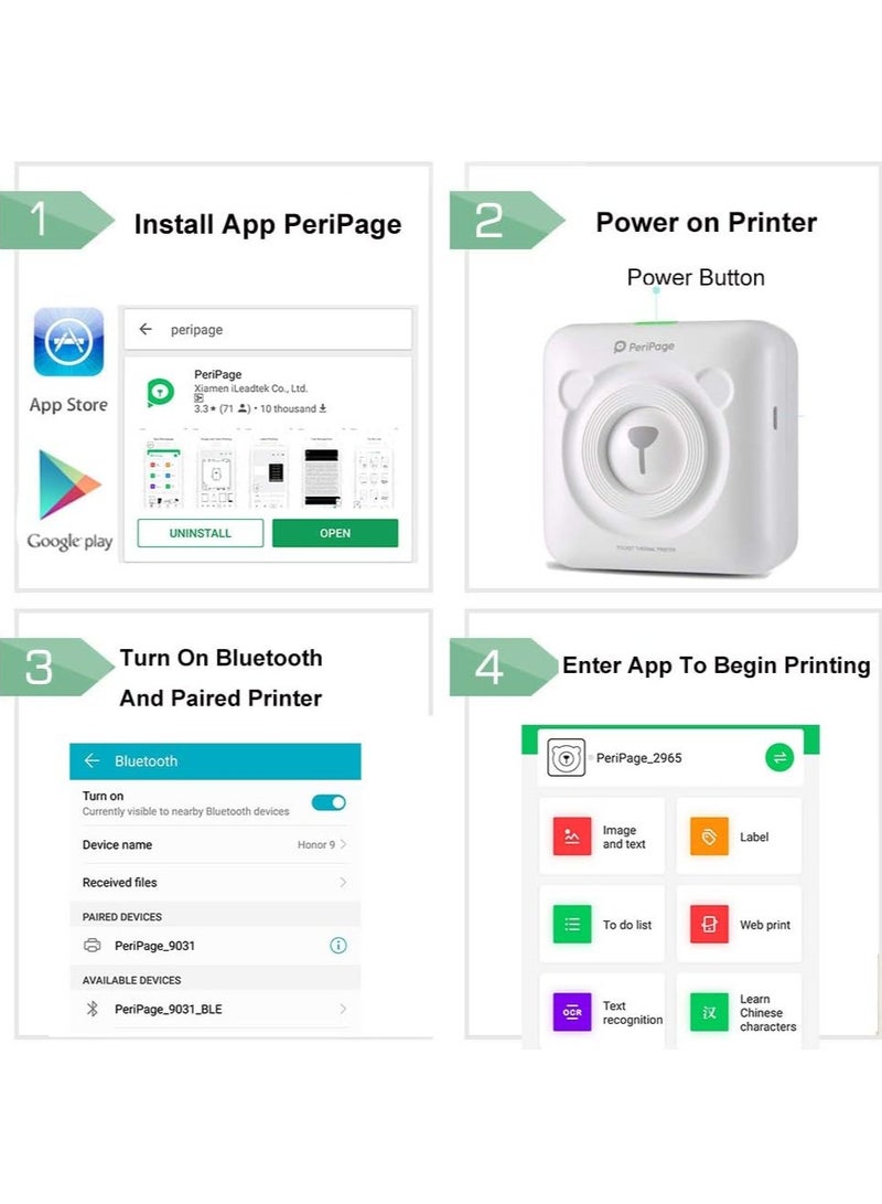 PeriPage Mini Pocket Wireless BT Thermal Printer Picture Photo Label Memo Receipt Paper Printer with USB Cable Support for Android iOS Smartphone Windows