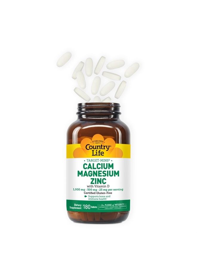 Target Mins Calcium-Magnesium Zinc with Vitamin D, 1000mg/500mg/25mg 180 Count, Certified Gluten Free, Certified Vegan