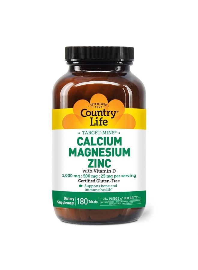 Target Mins Calcium-Magnesium Zinc with Vitamin D, 1000mg/500mg/25mg 180 Count, Certified Gluten Free, Certified Vegan