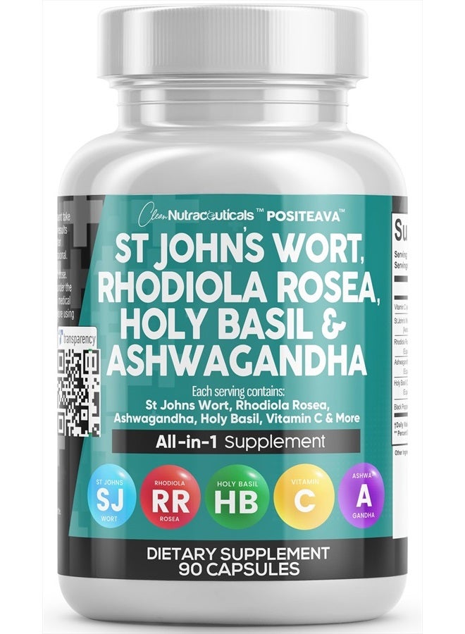 St Johns Wort 10000mg Rhodiola Rosea 20000mg Holy Basil 3000mg Ashwagandha 6000mg - Mood Support for Women and Men with Vitamin C & Black Pepper Extract - 90 Caps