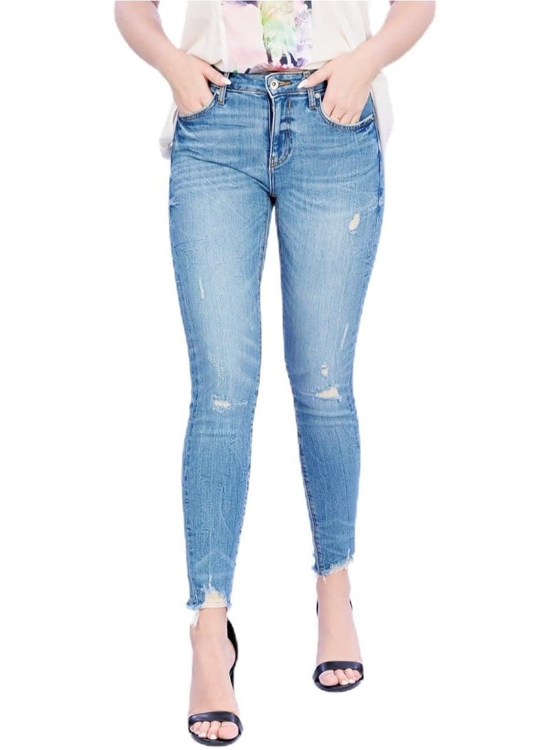 Web Denim Light Blue Skinny Stretchable Ripped Bottom Denim Pant  Fashionable Comfort Fit Cotton Jeans With Pockets For Women