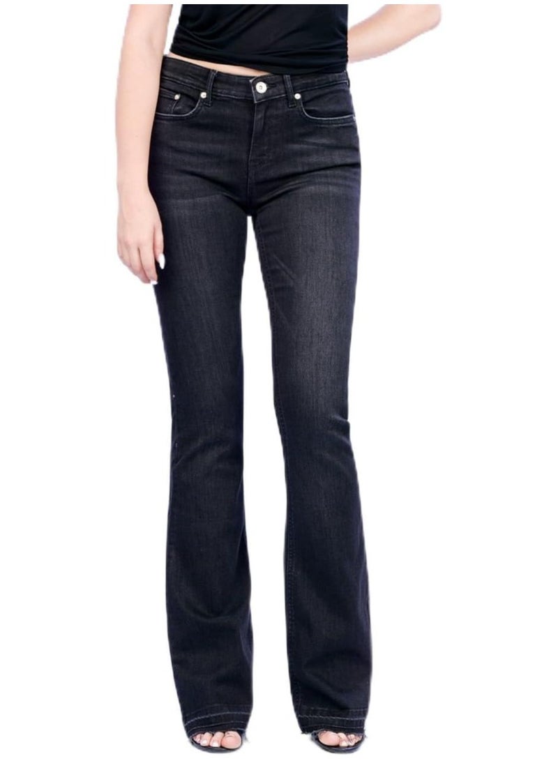 Web Denim Black Stretchable Flair Bottom Denim Pant Fashionable Comfort Fit Cotton Regular Jeans With Pockets For Women