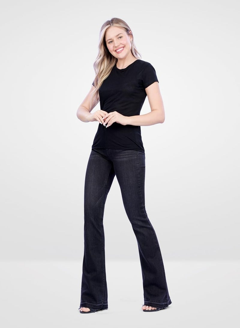 Web Denim Black Stretchable Flair Bottom Denim Pant Fashionable Comfort Fit Cotton Regular Jeans With Pockets For Women