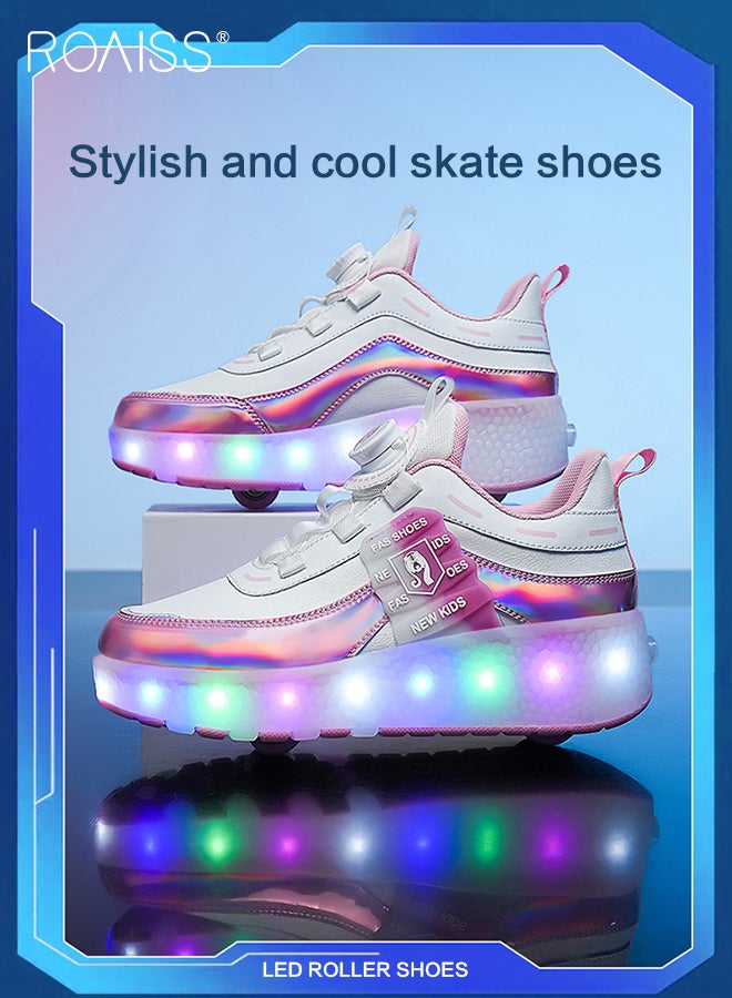 Kids Unisex Double Wheel Roller Skates Shoes LED Light Multimode Adjustable Rechargeable Sneakers for Children Boys and Girls Outdoors Luminous Shoes with Multifunction Detachable Roll Wheels