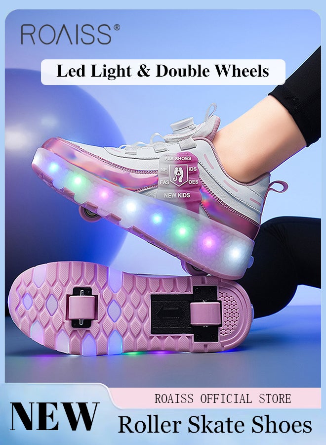 Kids Unisex Double Wheel Roller Skates Shoes LED Light Multimode Adjustable Rechargeable Sneakers for Children Boys and Girls Outdoors Luminous Shoes with Multifunction Detachable Roll Wheels