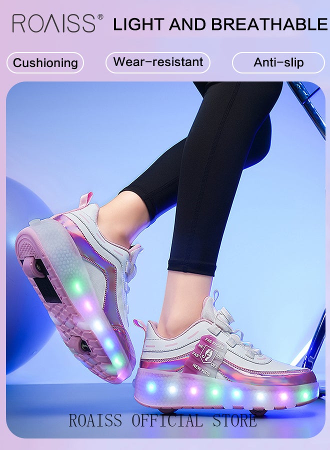 Kids Unisex Double Wheel Roller Skates Shoes LED Light Multimode Adjustable Rechargeable Sneakers for Children Boys and Girls Outdoors Luminous Shoes with Multifunction Detachable Roll Wheels