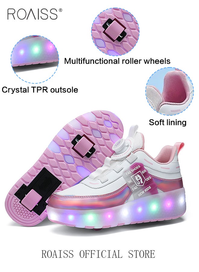 Kids Unisex Double Wheel Roller Skates Shoes LED Light Multimode Adjustable Rechargeable Sneakers for Children Boys and Girls Outdoors Luminous Shoes with Multifunction Detachable Roll Wheels