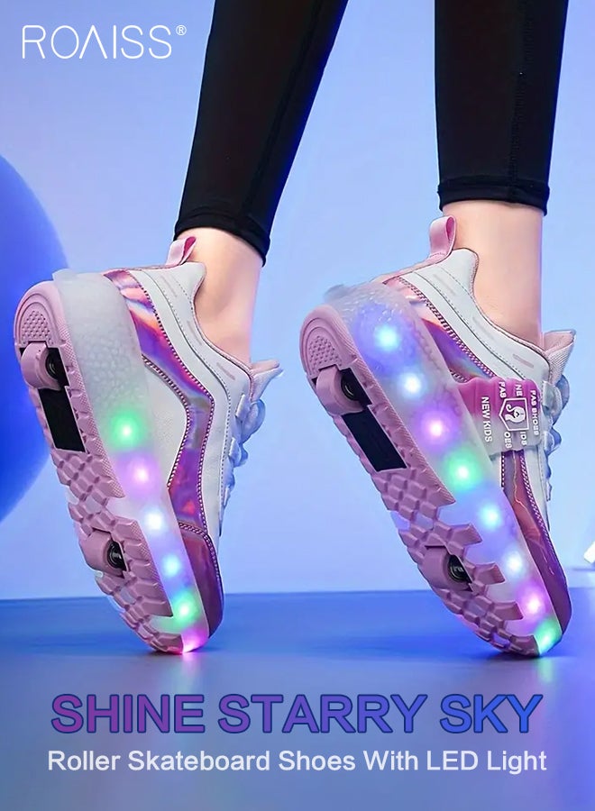 Kids Unisex Double Wheel Roller Skates Shoes LED Light Multimode Adjustable Rechargeable Sneakers for Children Boys and Girls Outdoors Luminous Shoes with Multifunction Detachable Roll Wheels