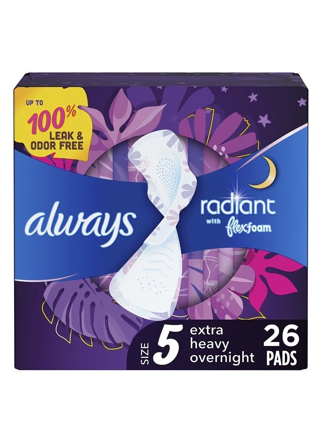 Radiant Feminine Pads for Women, Size 5 Extra Heavy Overnight Pads, with Flexfoam, with Wings, Light Clean Scent, 26 count (Pack of 1)