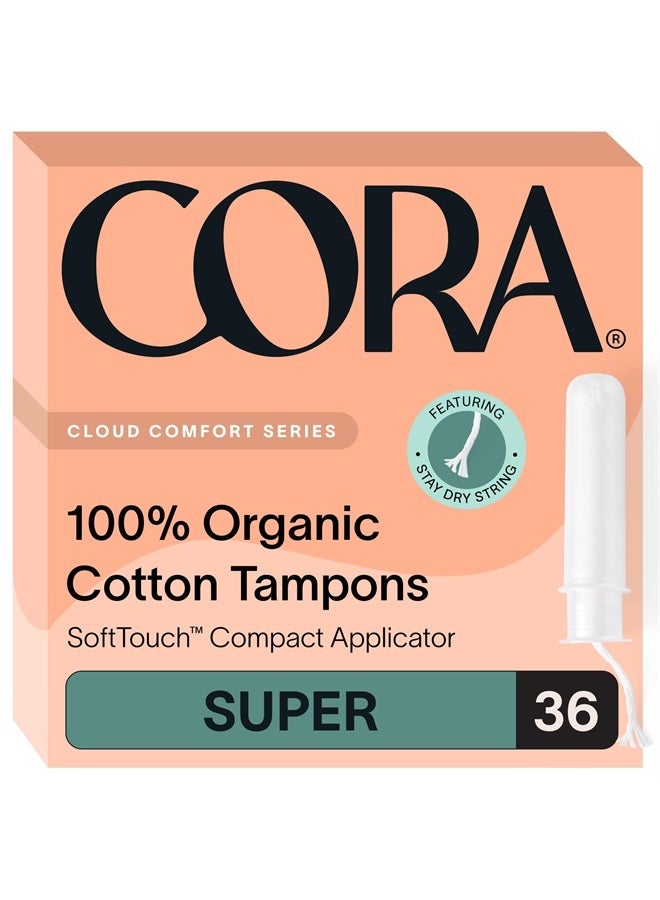 Organic Applicator Tampons | Super Absorbency | 100% Organic Cotton, Unscented, BPA-Free Compact Applicator | Leak Protection, Easy Insertion | Packaging May Vary | 36 Total