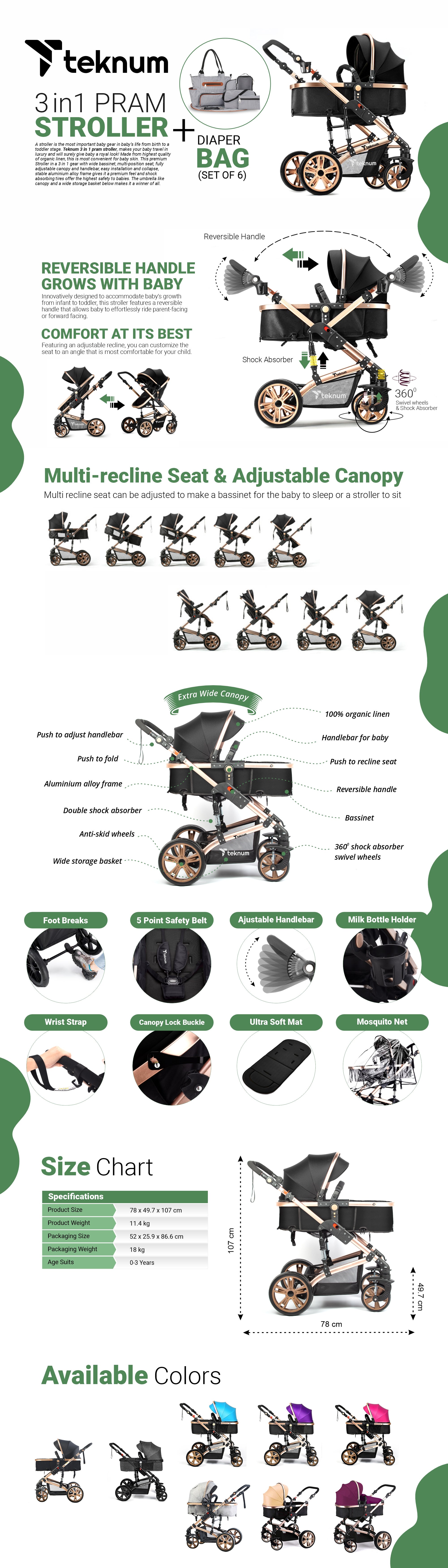 3 In 1 Pram Stroller And Diaper Bag Bundle - Black