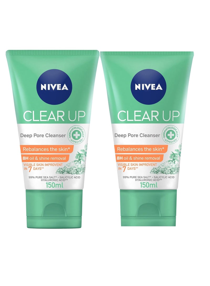 Face Wash Deep Pore Cleanser, Clear Up, Visible Skin Improvement, Sea Salt, Salicylic & Hyaluronic Acid, 150ml x 2