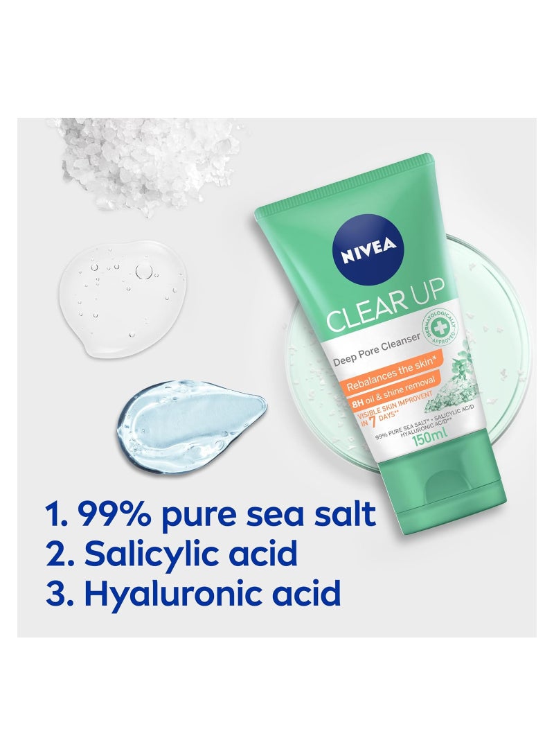 Face Wash Deep Pore Cleanser, Clear Up, Visible Skin Improvement, Sea Salt, Salicylic & Hyaluronic Acid, 150ml x 2
