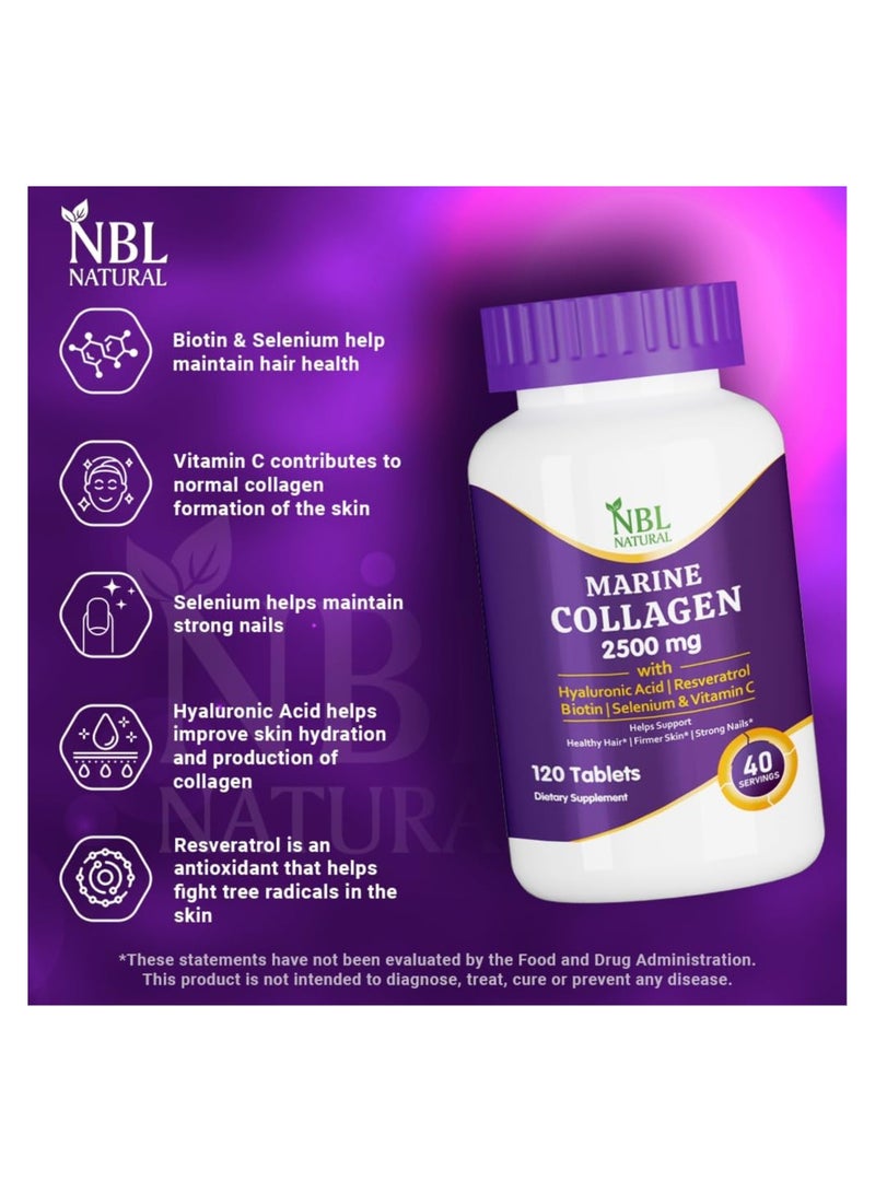 Hydrolysed Marine Collagen 2500 Mg With Hyaluronic Acid, Resveratrol, Biotin, Selenium And Vitamin C, 120 Tablets