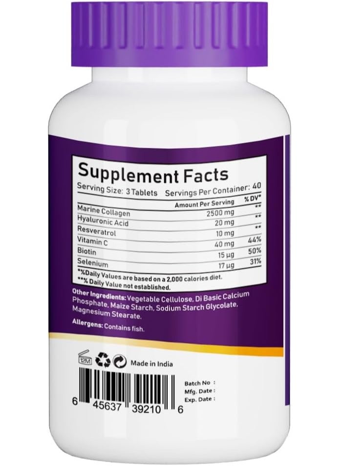 Hydrolysed Marine Collagen 2500 Mg With Hyaluronic Acid, Resveratrol, Biotin, Selenium And Vitamin C, 120 Tablets