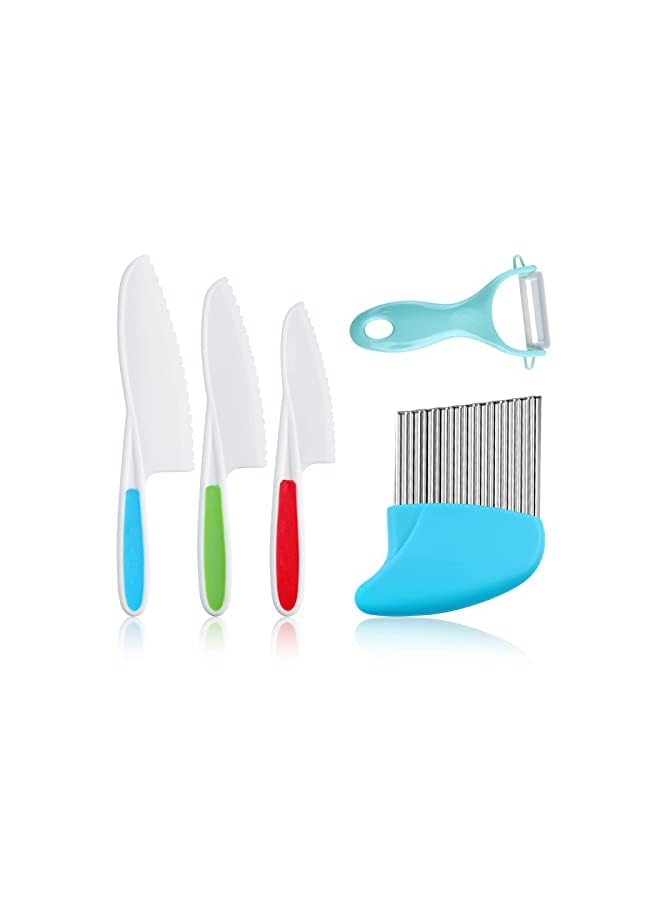 Knife Set, Kids Safe Plastic Kitchen Knife in 3 Sizes with Crinkle Cutter and Y Peeler, Kids Knife for Real Cooking Bread Chopping Vegetables Fruits Salad Cake (5Pcs)