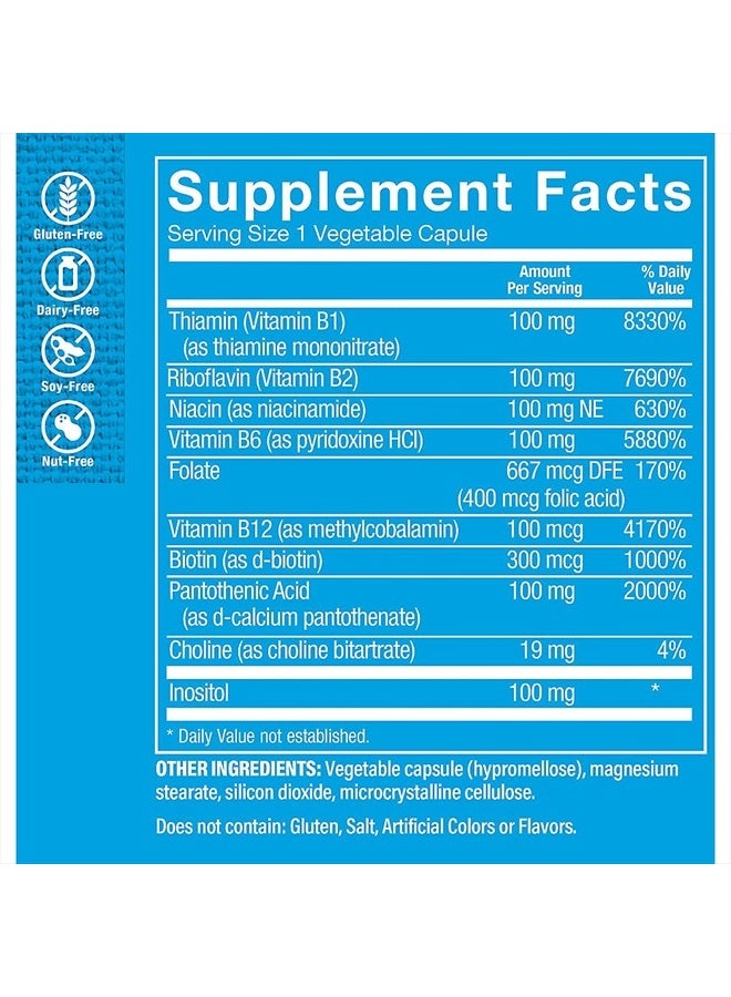 B-Complex 100 - Supports Energy Production, Nervous System Function & Nutrient Metabolism – Excellent Source of B1, B2, B6, B12, Niacin, Folic Acid & Biotin (300 Veggie Caps)