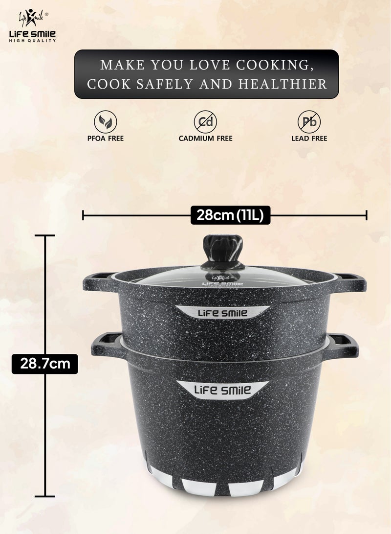 Non-stick Granite Coated 28cm Stock Pot & 28cm Steam Pot with Tempered Glass Lid