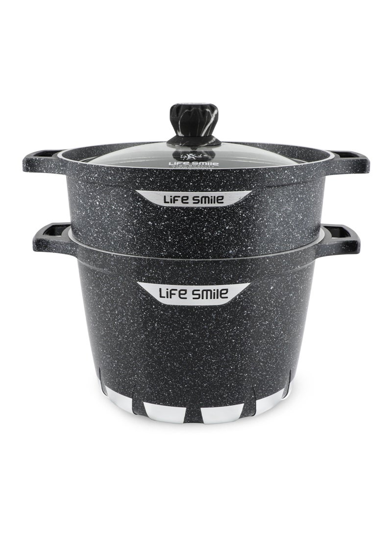 Non-stick Granite Coated 28cm Stock Pot & 28cm Steam Pot with Tempered Glass Lid