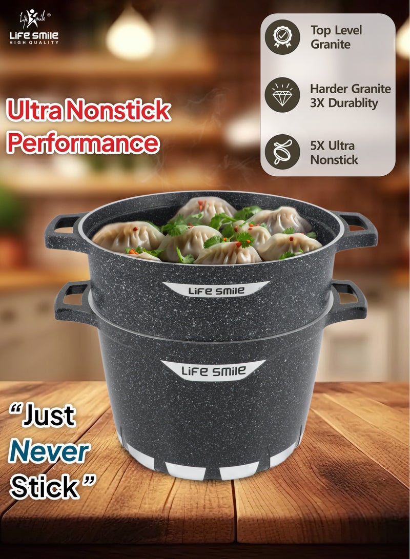 Non-stick Granite Coated 28cm Stock Pot & 28cm Steam Pot with Tempered Glass Lid