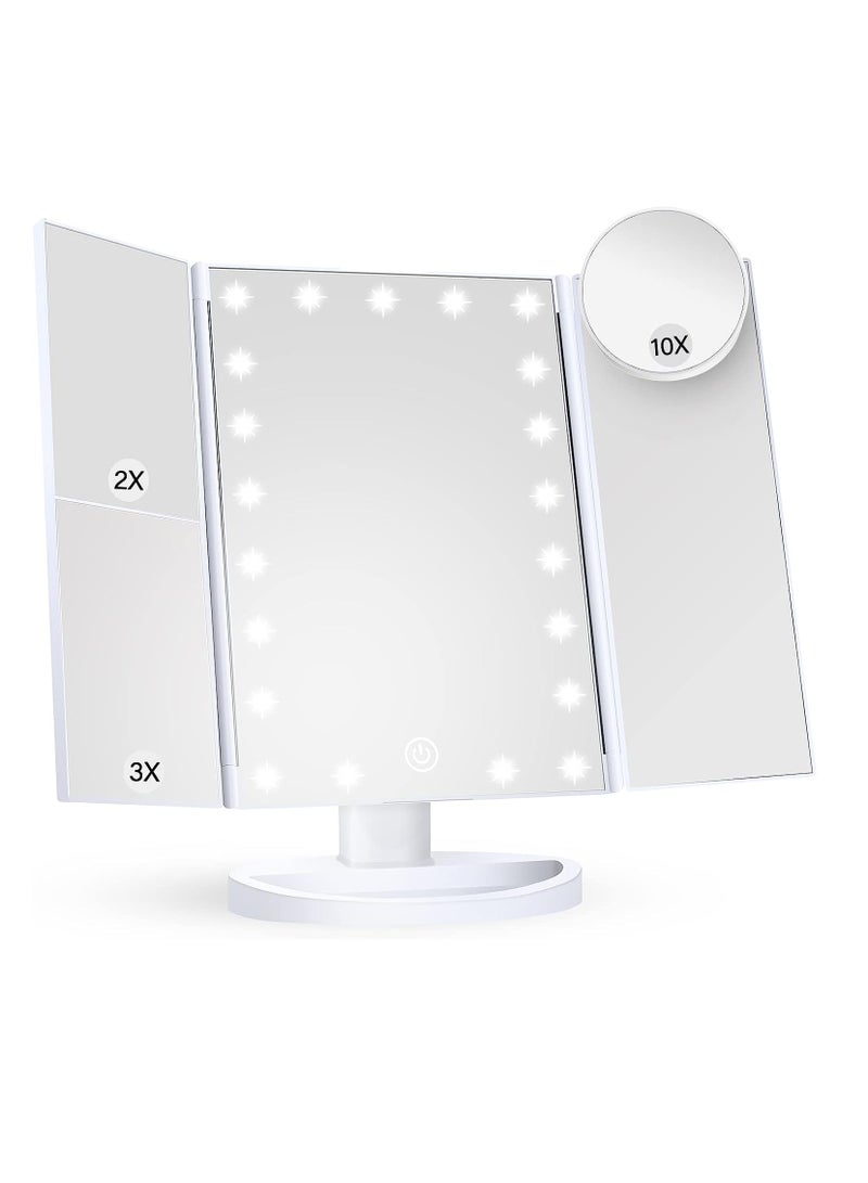 Makeup Mirror Vanity Mirror with Lights, 2X 3X 10X Magnification, Lighted Makeup Mirror, Touch Control, Trifold Makeup Mirror, Dual Power Supply, Portable LED Makeup Mirror, Women Gift (White)