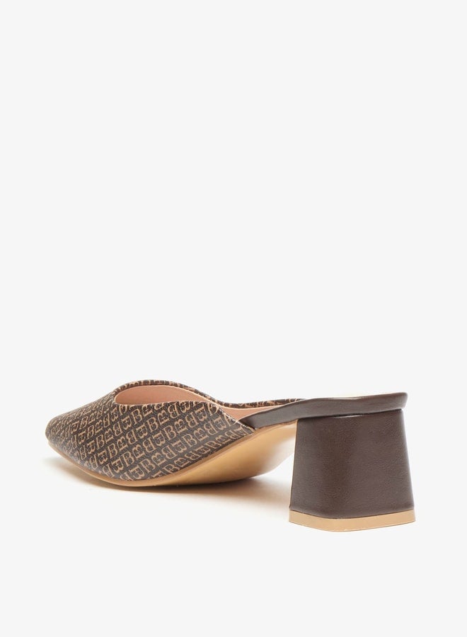 Women's All-Over Monogram Print Slip-On Mules with Block Heels