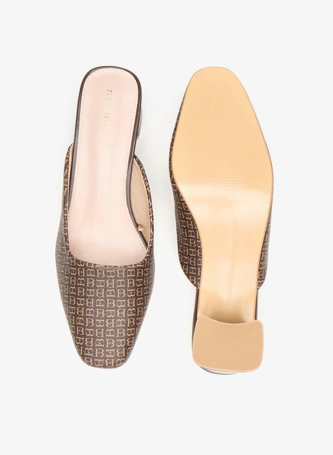 Women's All-Over Monogram Print Slip-On Mules with Block Heels