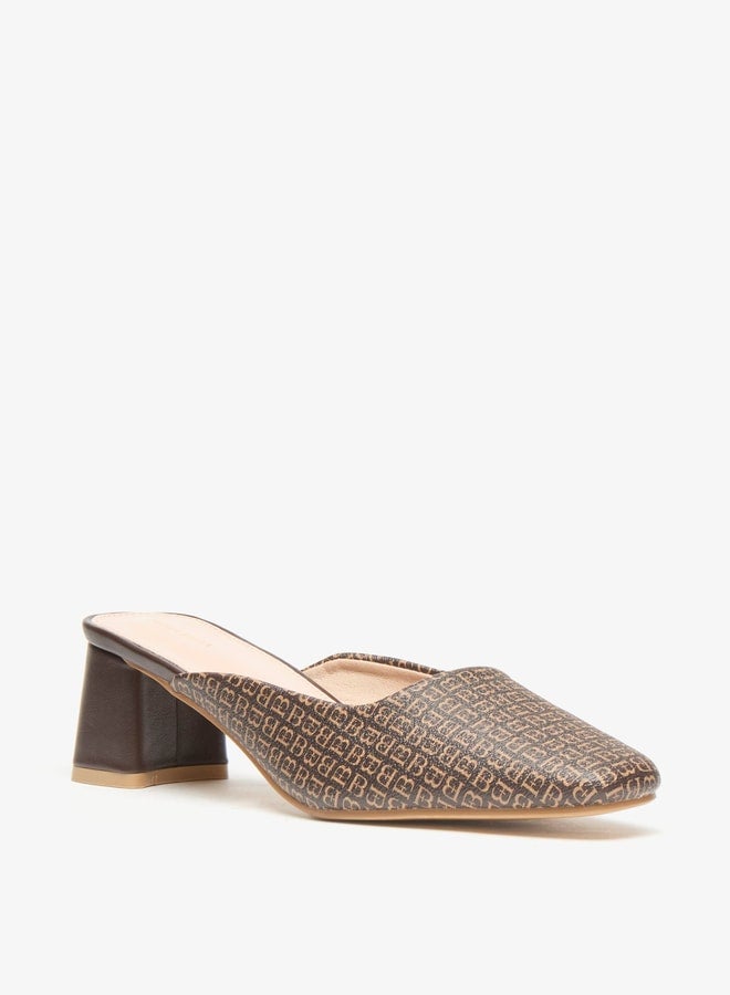 Women's All-Over Monogram Print Slip-On Mules with Block Heels