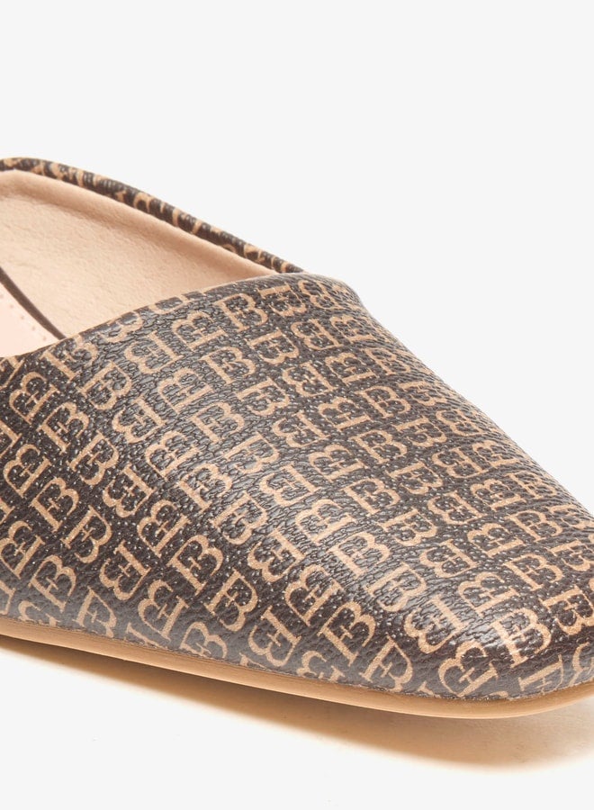 Women's All-Over Monogram Print Slip-On Mules with Block Heels