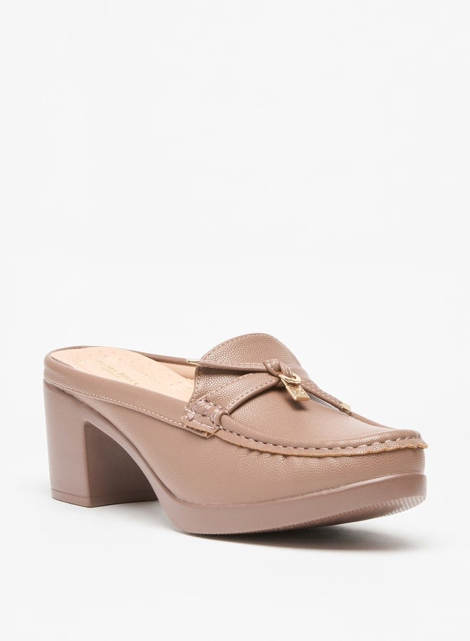 Women's Solid Slip-On Mules with Block Heels and Tie-Up Detail