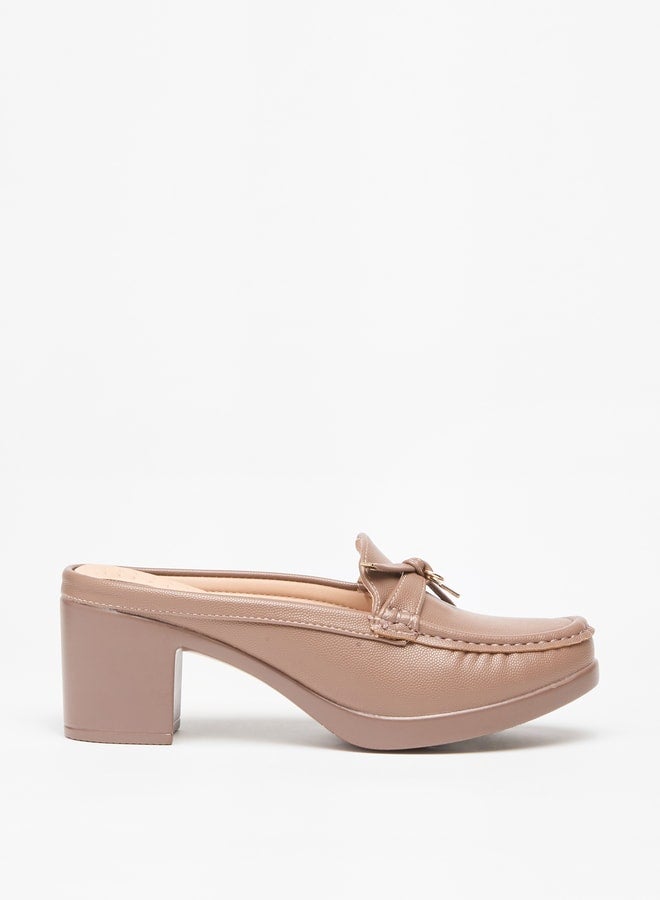 Women's Solid Slip-On Mules with Block Heels and Tie-Up Detail