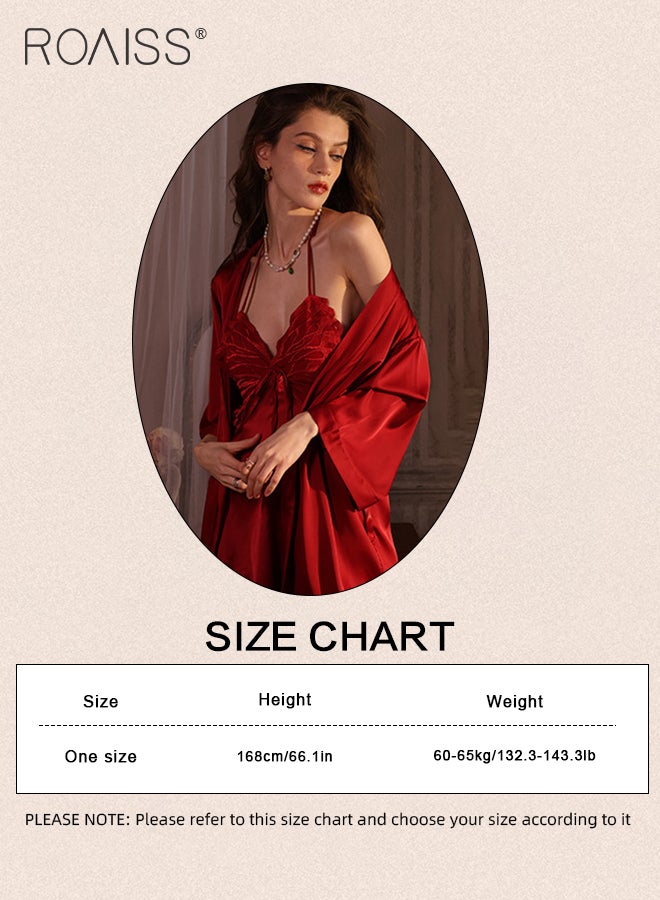 4Pcs Butterfly Halter Neck Nightgown for Women Satin Lace Mesh Transparent Suspender Pajamas Ice Silk Lace up Front Backless Deep V Nightdress Ladies Luxury French Style Loungewear