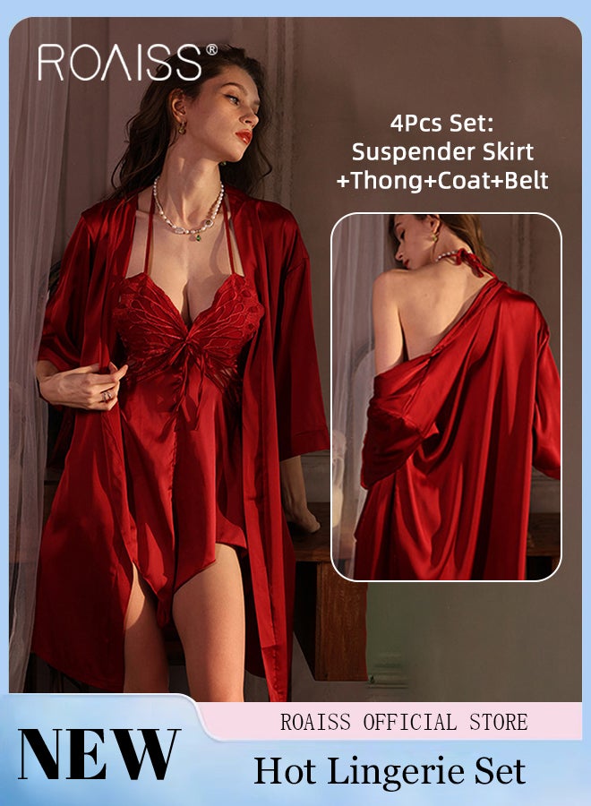 4Pcs Butterfly Halter Neck Nightgown for Women Satin Lace Mesh Transparent Suspender Pajamas Ice Silk Lace up Front Backless Deep V Nightdress Ladies Luxury French Style Loungewear