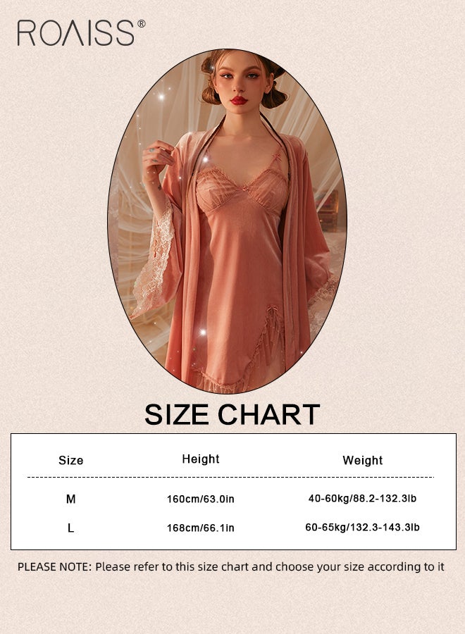 4Pcs French Velvet Lace Mesh Pajamas for Women Hollow Backless Suspender Nightgown Ladies Soft Skin-Friendly Comfortable Loungewear Cute Girly Type Luxurious Noble Nightdress