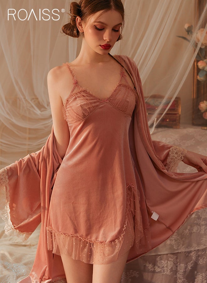 4Pcs French Velvet Lace Mesh Pajamas for Women Hollow Backless Suspender Nightgown Ladies Soft Skin-Friendly Comfortable Loungewear Cute Girly Type Luxurious Noble Nightdress