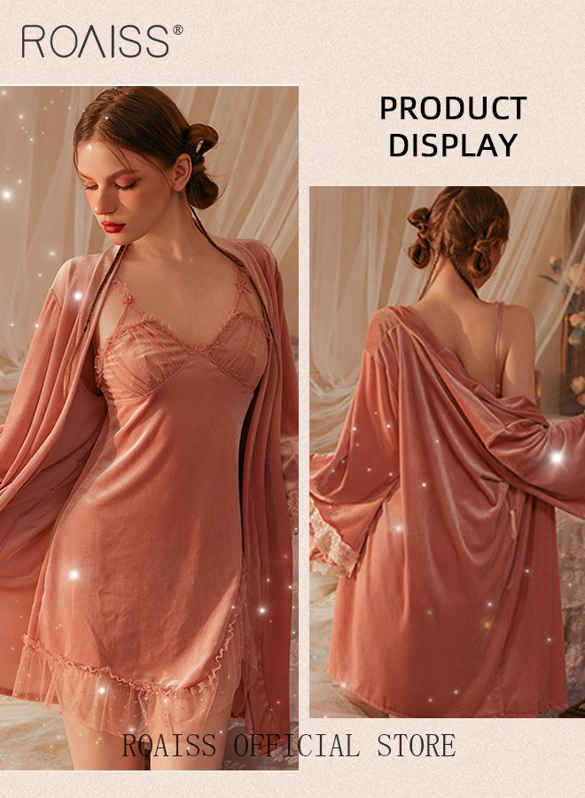 4Pcs French Velvet Lace Mesh Pajamas for Women Hollow Backless Suspender Nightgown Ladies Soft Skin-Friendly Comfortable Loungewear Cute Girly Type Luxurious Noble Nightdress