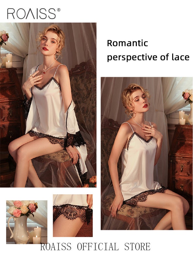 2Pcs Ice Silk Lace Pajamas for Women Suspender Nightdress and Pajama Robe Ladies High End Palace Style Spaghetti Straps Loungewear Summer Charming Romantic Home Wear