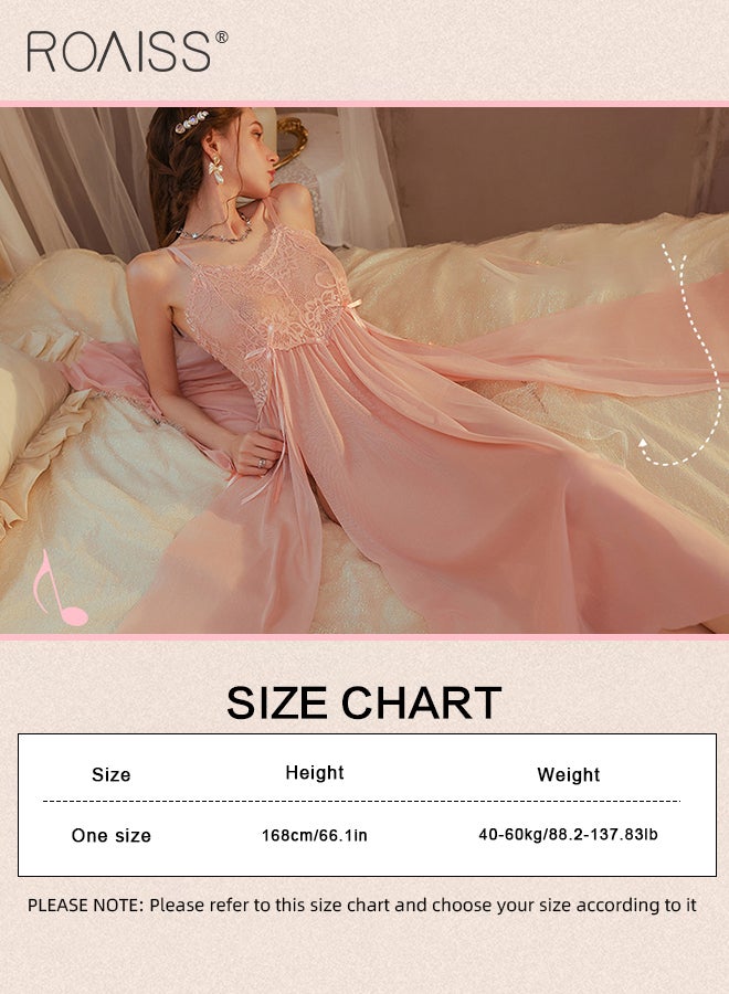 French Slit Suspender Pajamas for Women Lace Mesh Hollow Adjustible Nightgown Sweet Girly Type Backless See Through Nightdress Ladies Soft Skin-Friendly Comfortable Loungewear