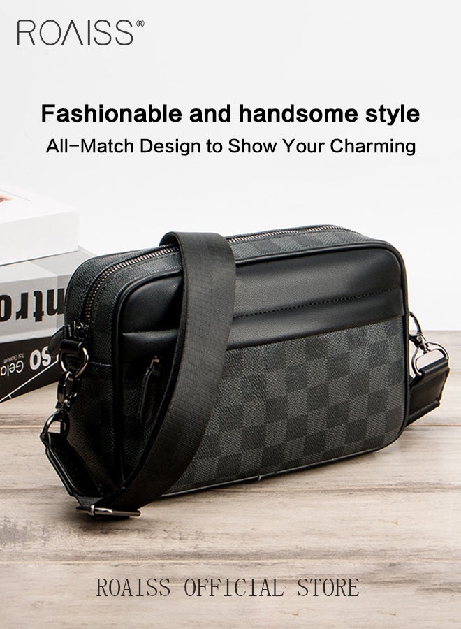 Plaid Pattern PU Leather Crossbody Bag for Men 5 Pockets Adjustable Strap Waterproof Large Capacity Shoulder Bag Mens Business Commuting Leisure Travel Street Trend Backpack