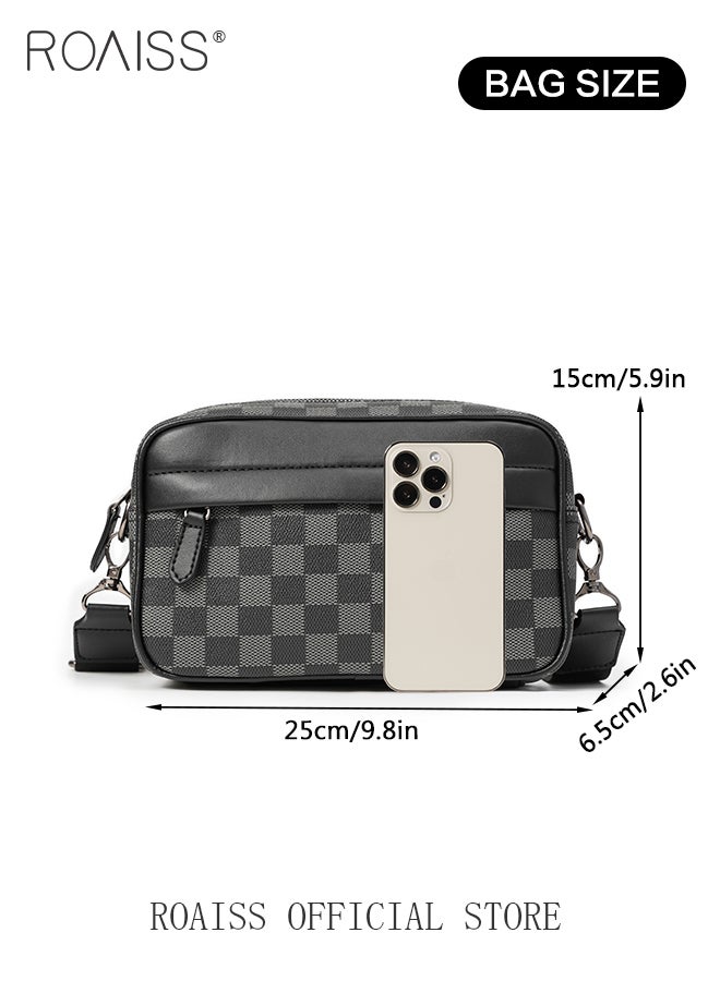 Plaid Pattern PU Leather Crossbody Bag for Men 5 Pockets Adjustable Strap Waterproof Large Capacity Shoulder Bag Mens Business Commuting Leisure Travel Street Trend Backpack