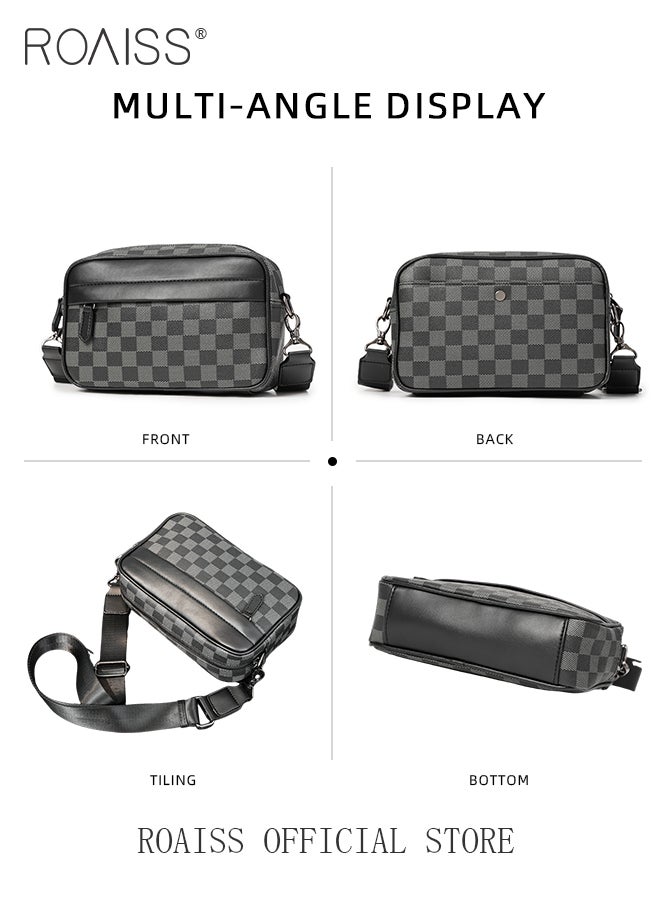 Plaid Pattern PU Leather Crossbody Bag for Men 5 Pockets Adjustable Strap Waterproof Large Capacity Shoulder Bag Mens Business Commuting Leisure Travel Street Trend Backpack