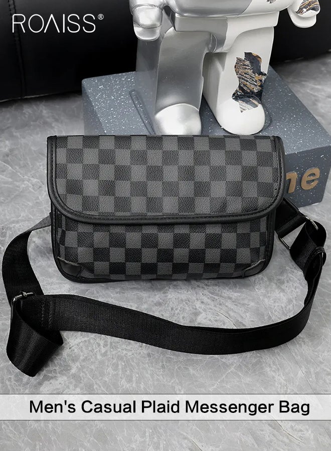 Plaid Pattern PU Leather Shoulder Bag for Men Clamshell Adjustable Strap Waterproof Large Capacity Crossbody Bag Mens Classic Business Commuting Leisure Travel Street Trend Backpack