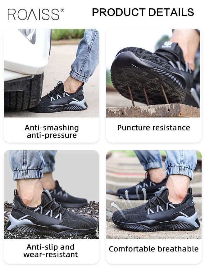 Fly Woven Labor Protection Shoes for Men Anti-Smash and Puncture Work Safety Shoes Mens Non-slip Breathable Ultra Light Weight Sneakers Casual Lace up Front Low Top Outdoor Sports Shoes