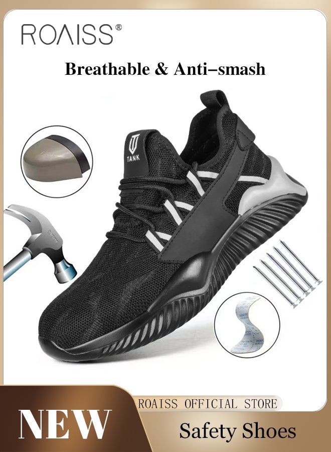 Fly Woven Labor Protection Shoes for Men Anti-Smash and Puncture Work Safety Shoes Mens Non-slip Breathable Ultra Light Weight Sneakers Casual Lace up Front Low Top Outdoor Sports Shoes