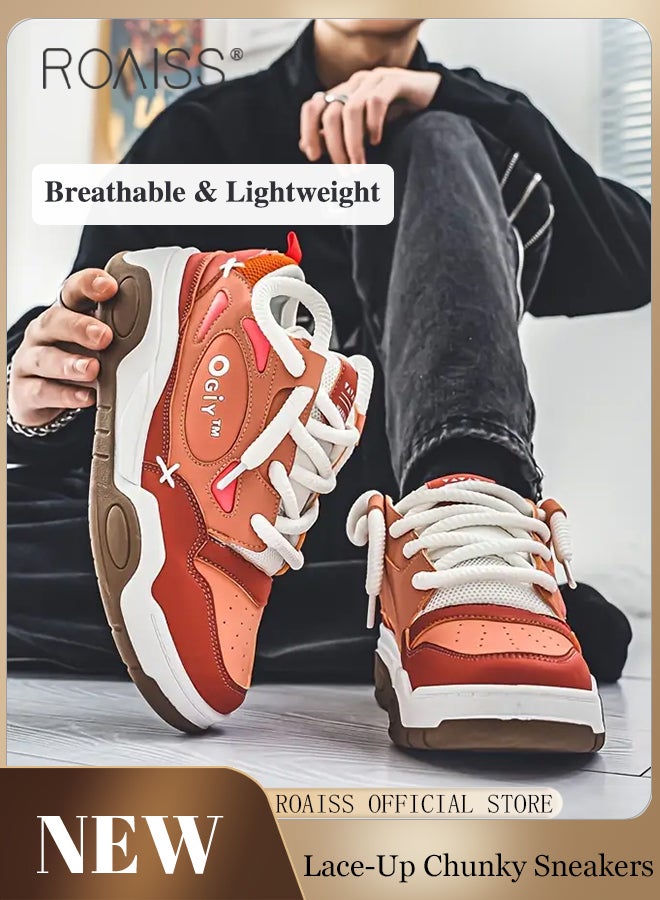 Trendy Colorblock Chunky Sneakers for Men Soft Sole Lightweight Shock Absorption Basketball Shoes Mens Non Slip Shock Lightweight Outdoor Walking Shoes Breathable Wear Resistant Sports Shoes