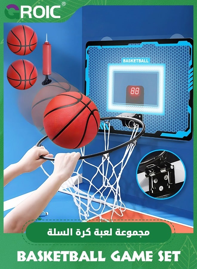 Indoor Mini Basketball Hoop for Kids,Basketball Hoops Over The Door with LED Lighting, Mini Hoop with Scoreboard & 3 Balls,Basketball Toys